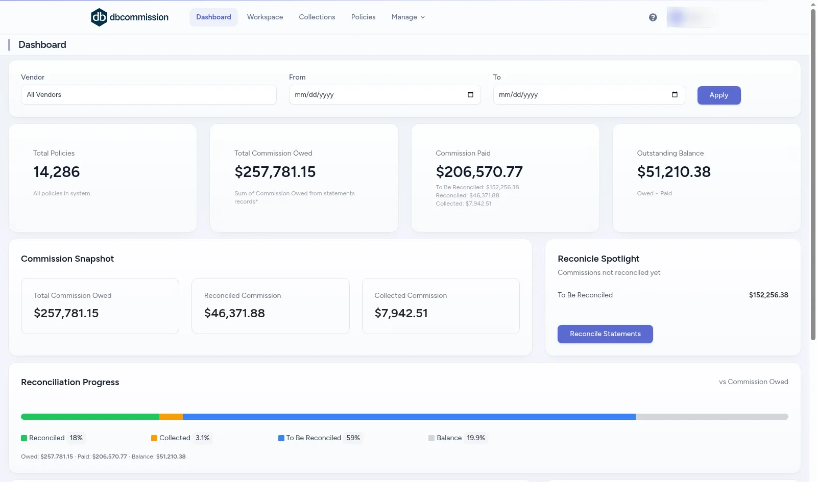 DB Commission dashboard with policy, owed, paid and reconciliation totals